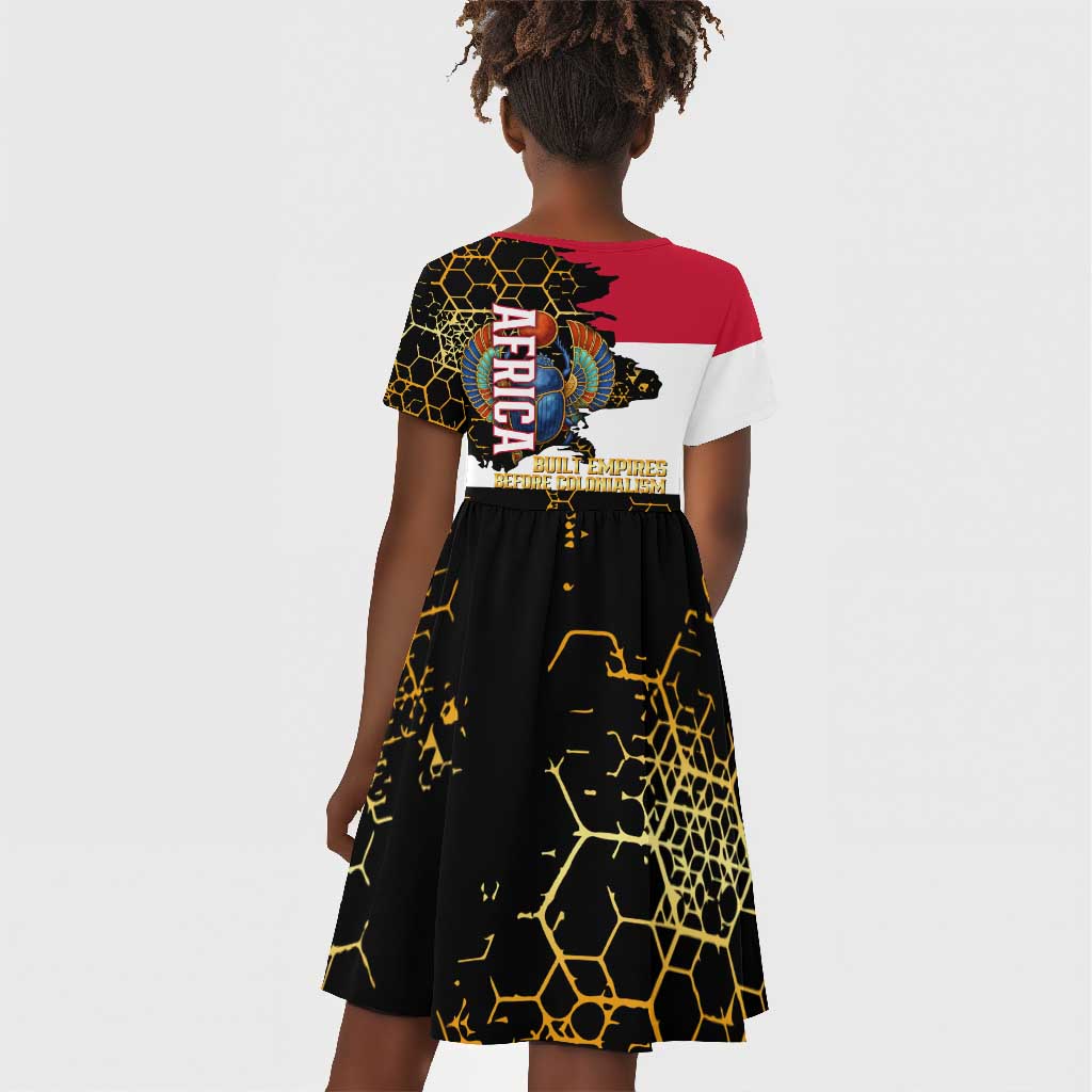 Hatshepsut Kid Short Sleeve Dress with Royal Portrait, Pre-Colonial Empires Text and Red-Black Honeycomb - African Pride