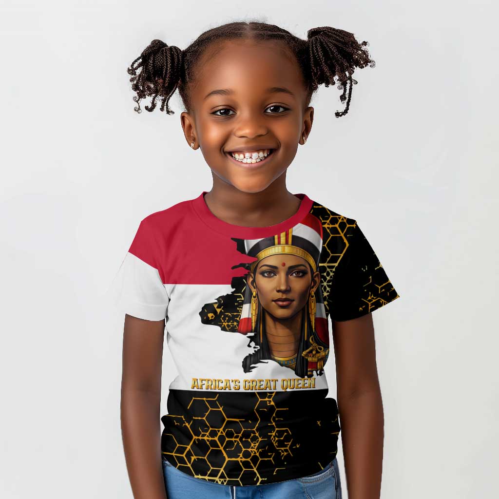 Hatshepsut Kid T shirt with Royal Portrait, Pre-Colonial Empires Text and Red-Black Honeycomb - African Pride