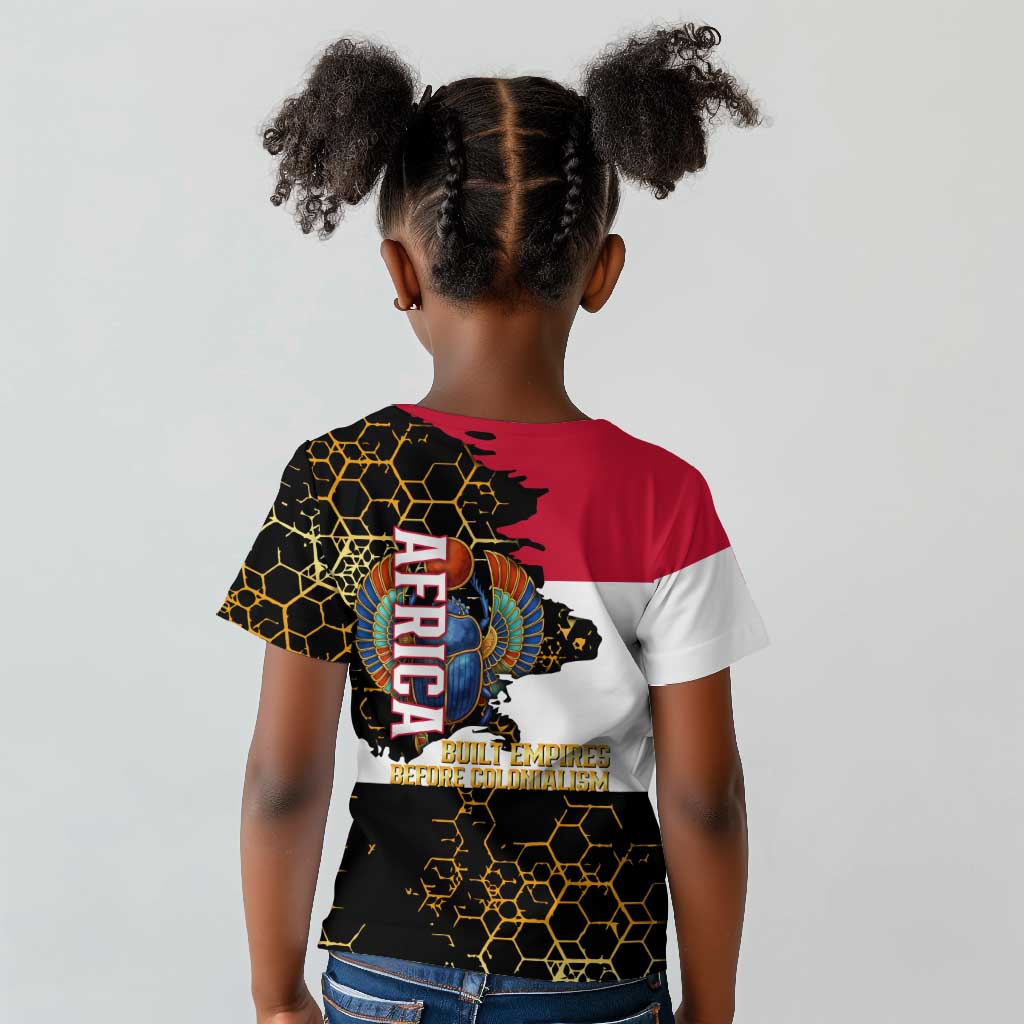 Hatshepsut Kid T shirt with Royal Portrait, Pre-Colonial Empires Text and Red-Black Honeycomb - African Pride
