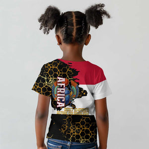 Hatshepsut Kid T shirt with Royal Portrait, Pre-Colonial Empires Text and Red-Black Honeycomb - African Pride