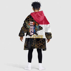 Hatshepsut Kid Wearable Blanket Hoodie with Royal Portrait, Pre-Colonial Empires Text and Red-Black Honeycomb - African Pride