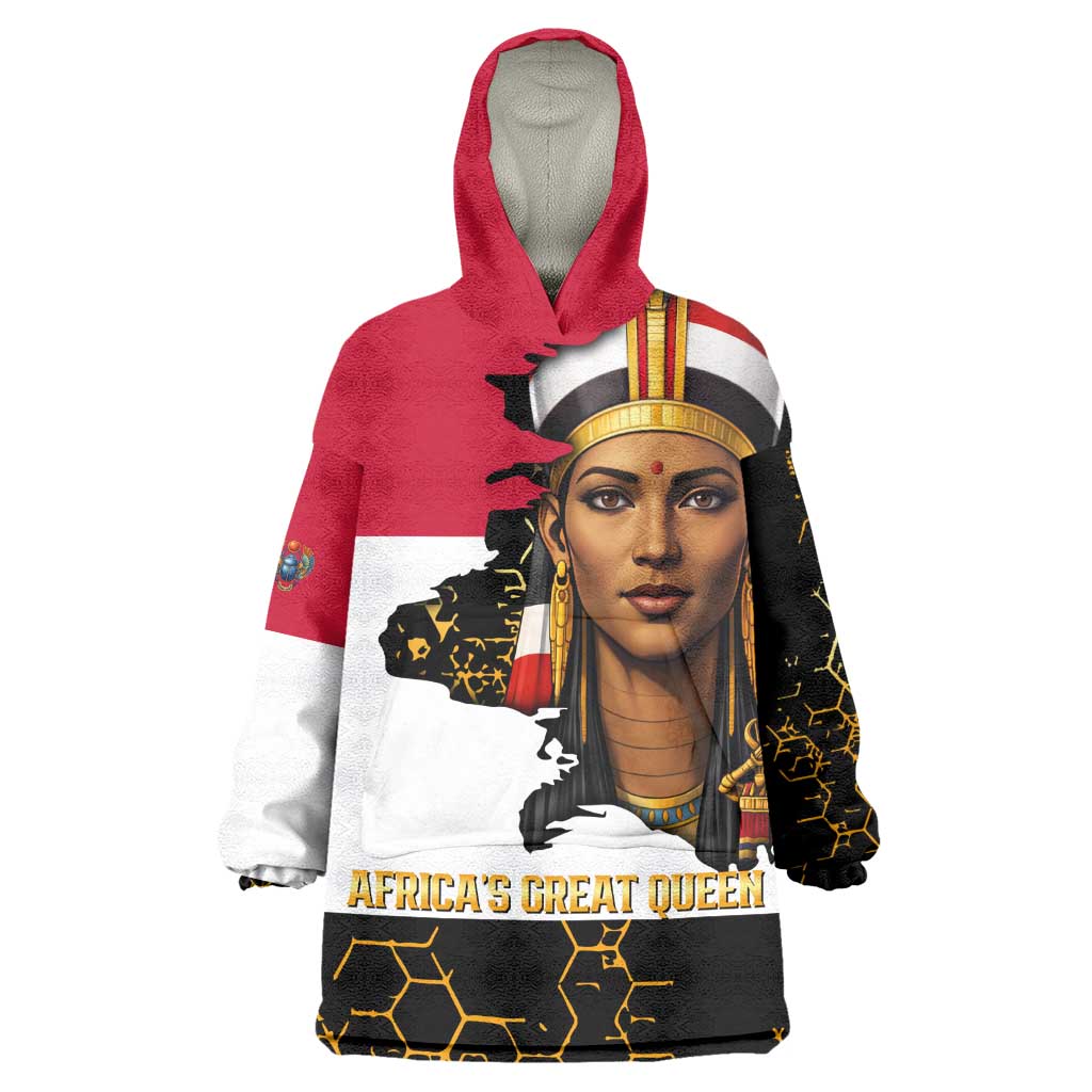 Hatshepsut Kid Wearable Blanket Hoodie with Royal Portrait, Pre-Colonial Empires Text and Red-Black Honeycomb - African Pride