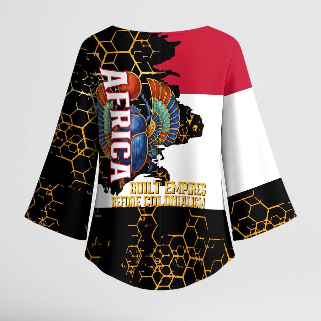 Hatshepsut Kimono Sleeve Blouse with Royal Portrait, Pre-Colonial Empires Text and Red-Black Honeycomb - African Pride