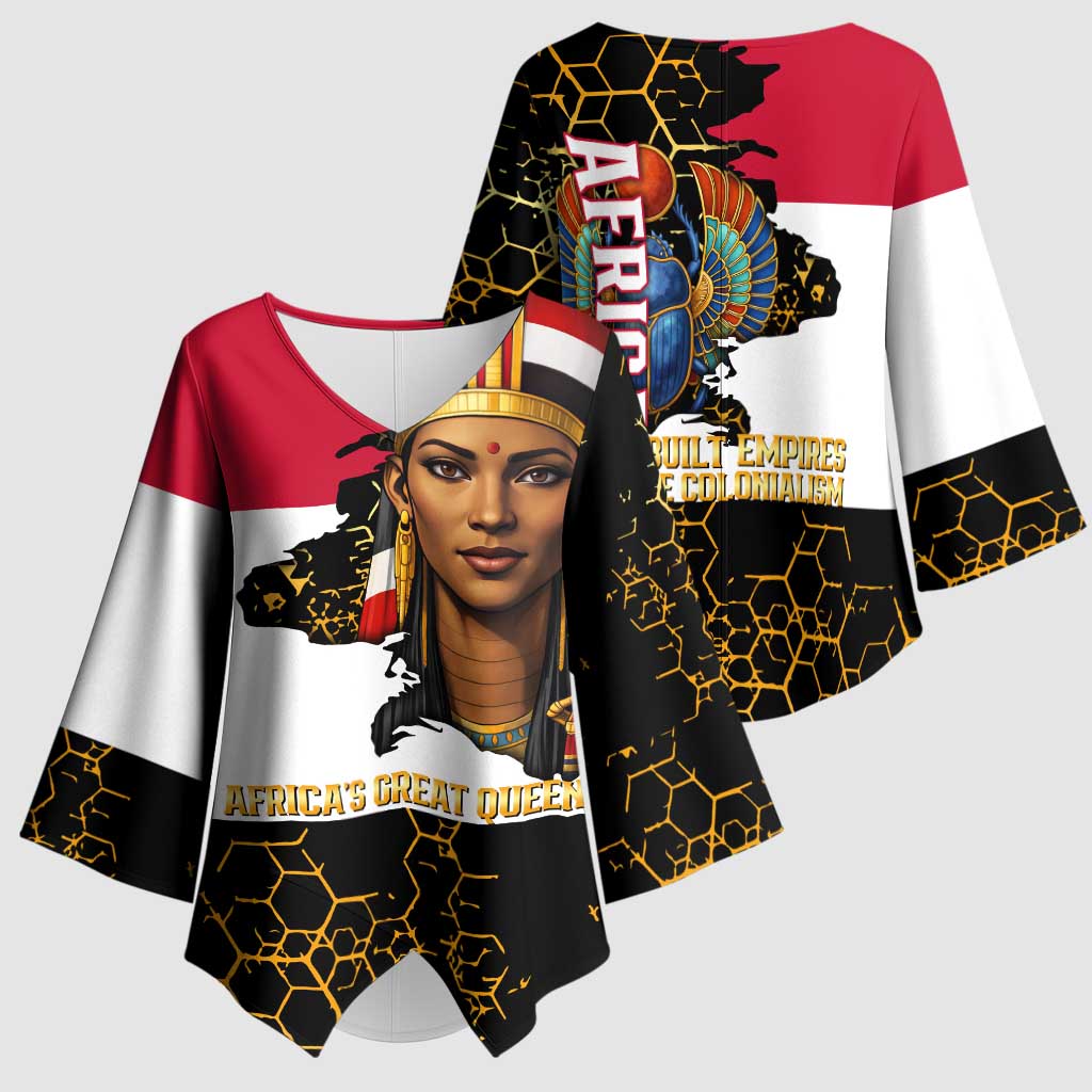 Hatshepsut Kimono Sleeve Blouse with Royal Portrait, Pre-Colonial Empires Text and Red-Black Honeycomb - African Pride