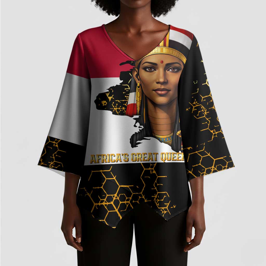 Hatshepsut Kimono Sleeve Blouse with Royal Portrait, Pre-Colonial Empires Text and Red-Black Honeycomb - African Pride