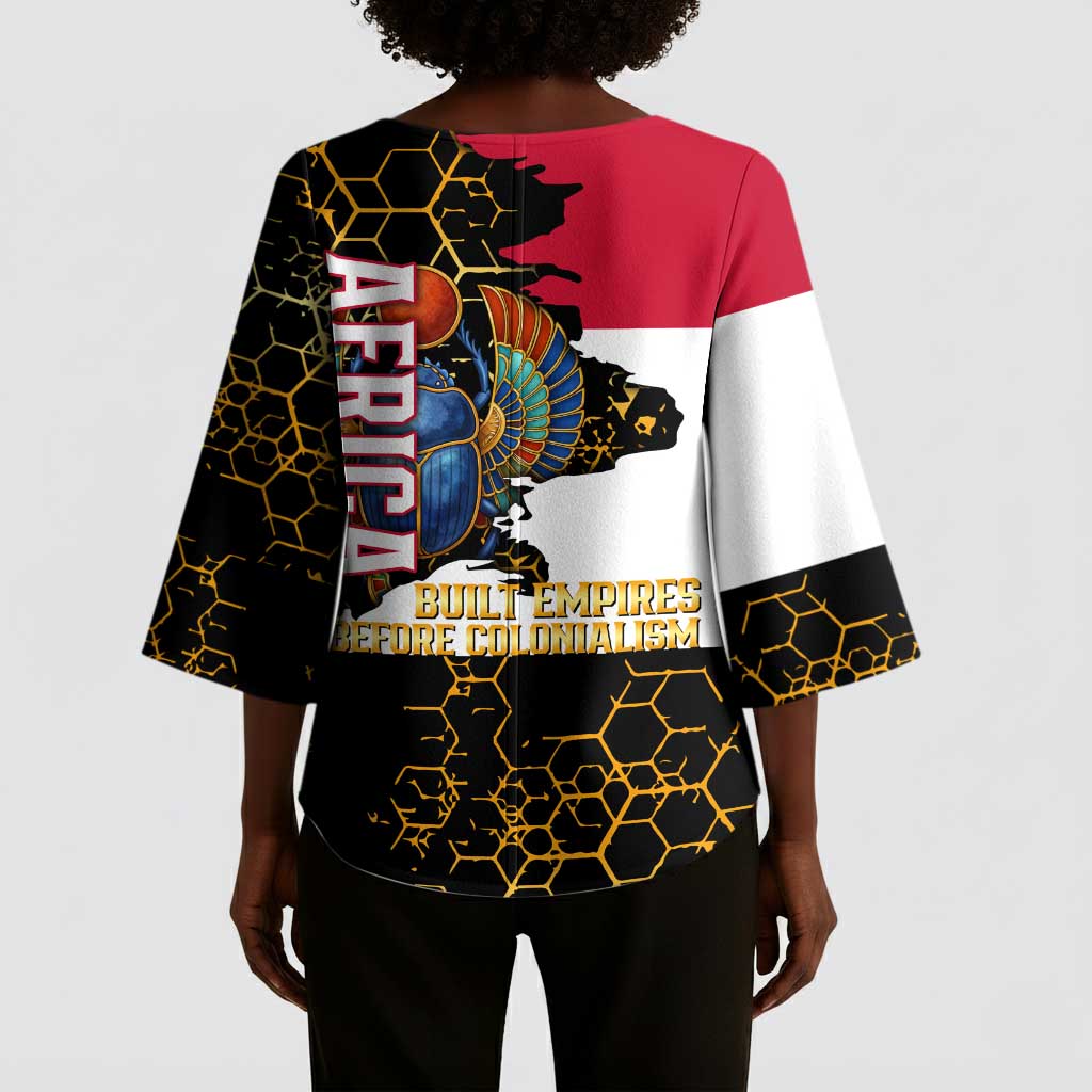 Hatshepsut Kimono Sleeve Blouse with Royal Portrait, Pre-Colonial Empires Text and Red-Black Honeycomb - African Pride