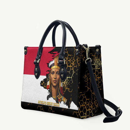 Hatshepsut Leather Bag with Royal Portrait, Pre-Colonial Empires Text and Red-Black Honeycomb - African Pride