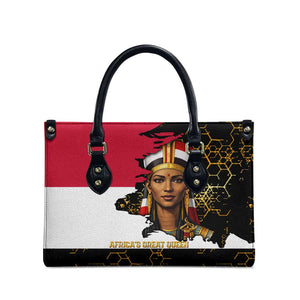 Hatshepsut Leather Bag with Royal Portrait, Pre-Colonial Empires Text and Red-Black Honeycomb - African Pride