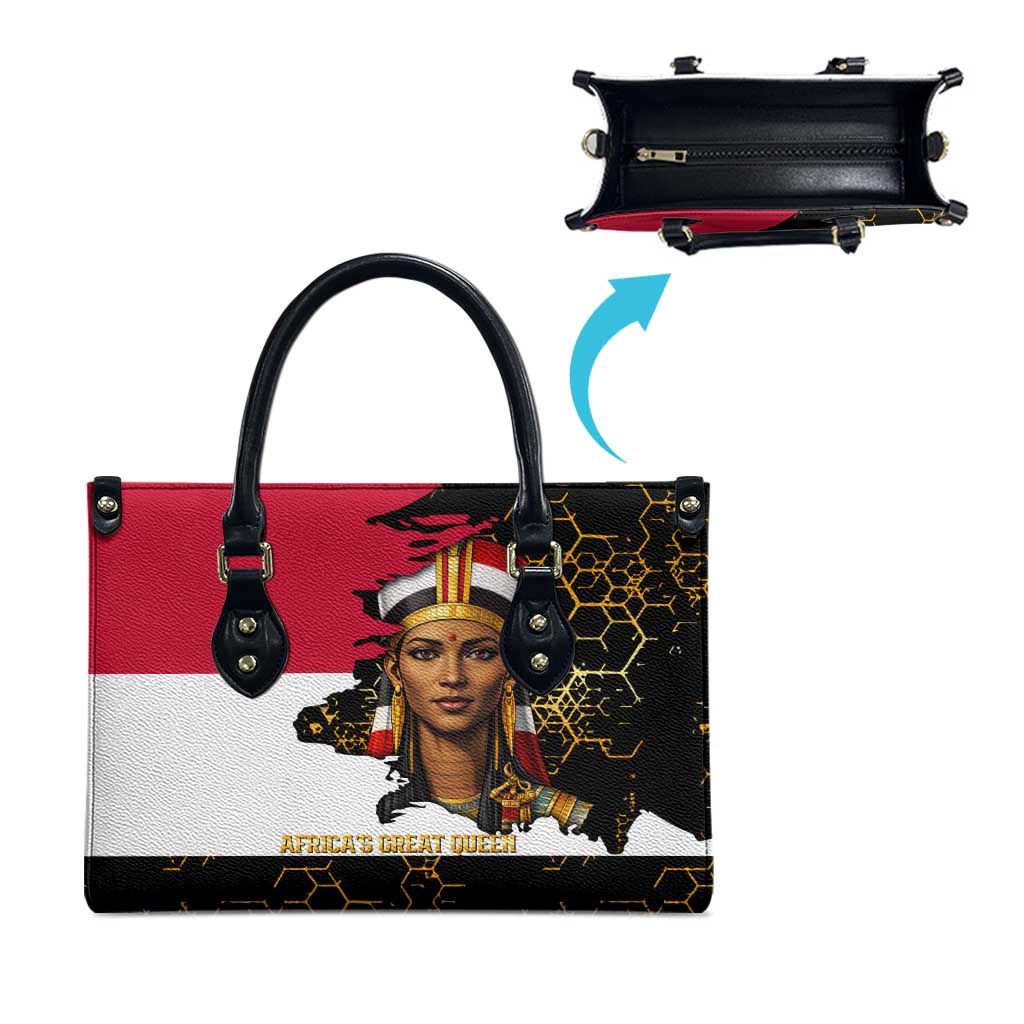 Hatshepsut Leather Bag with Royal Portrait, Pre-Colonial Empires Text and Red-Black Honeycomb - African Pride