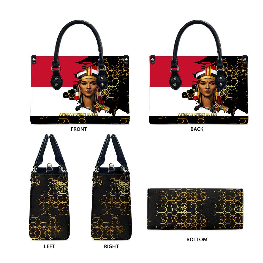 Hatshepsut Leather Bag with Royal Portrait, Pre-Colonial Empires Text and Red-Black Honeycomb - African Pride