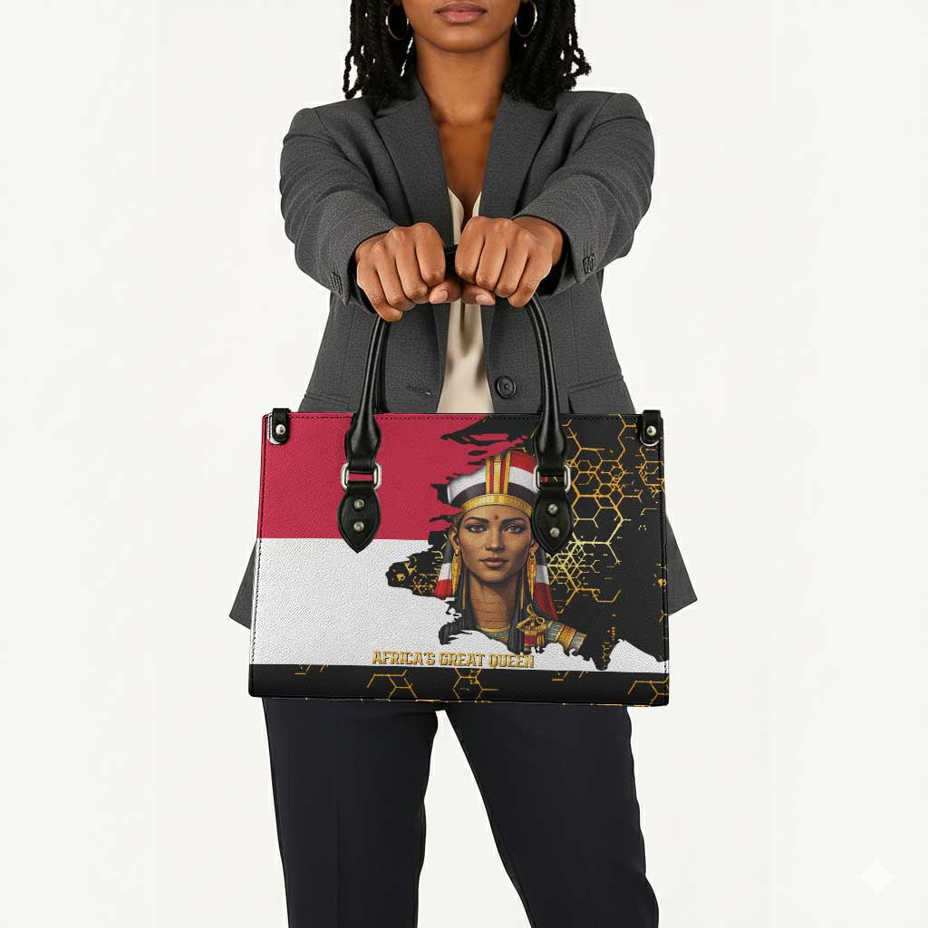 Hatshepsut Leather Bag with Royal Portrait, Pre-Colonial Empires Text and Red-Black Honeycomb - African Pride