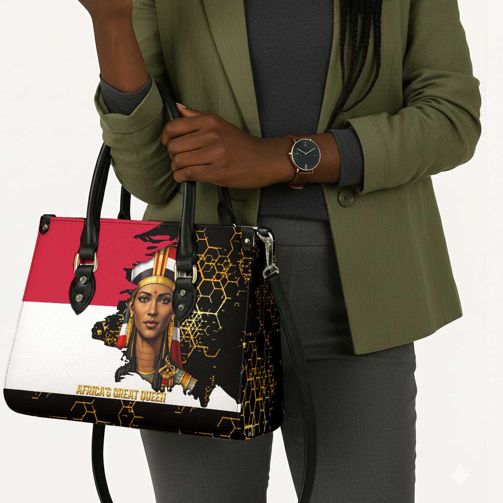 Hatshepsut Leather Bag with Royal Portrait, Pre-Colonial Empires Text and Red-Black Honeycomb - African Pride