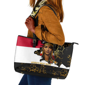 Hatshepsut Leather Tote Bag with Royal Portrait, Pre-Colonial Empires Text and Red-Black Honeycomb - African Pride