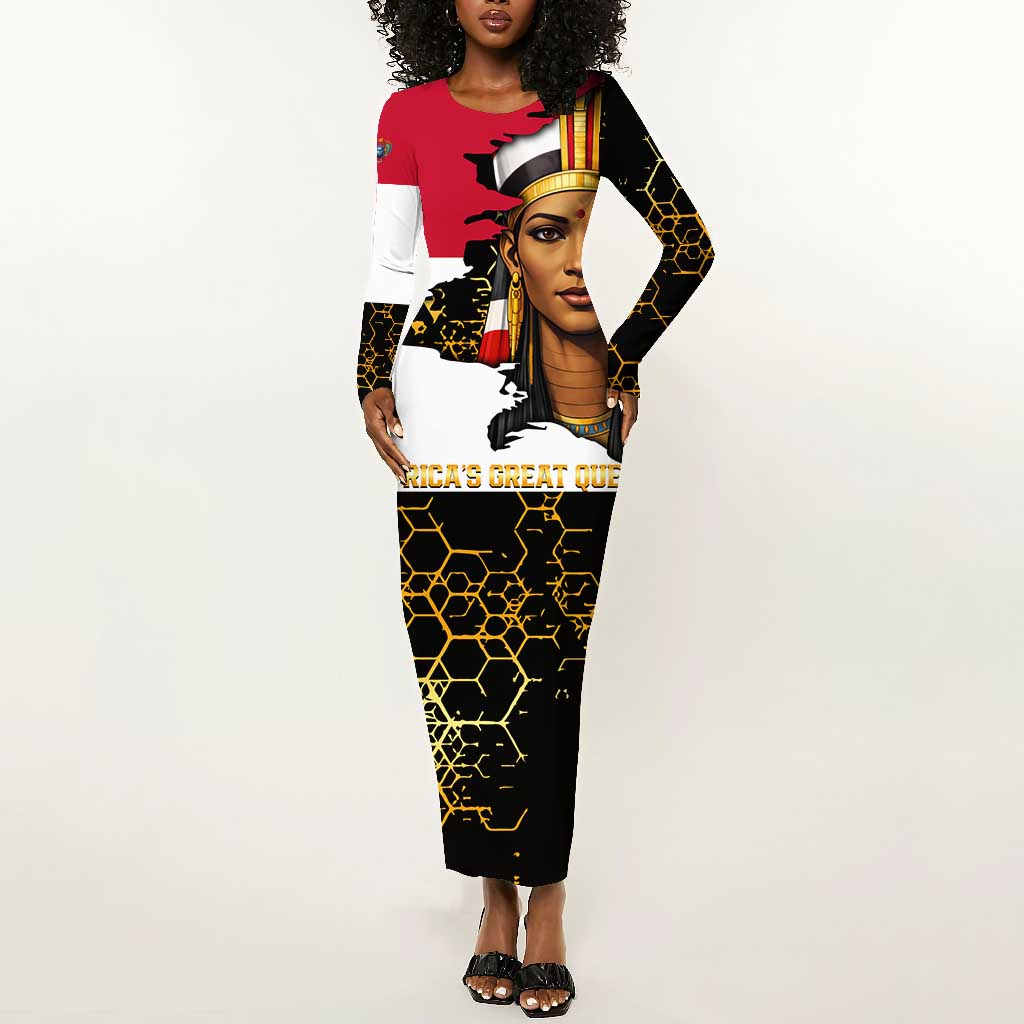 Hatshepsut Long Sleeve Bodycon Dress with Royal Portrait, Pre-Colonial Empires Text and Red-Black Honeycomb - African Pride