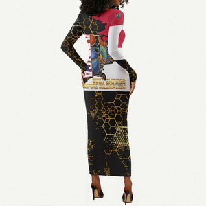 Hatshepsut Long Sleeve Bodycon Dress with Royal Portrait, Pre-Colonial Empires Text and Red-Black Honeycomb - African Pride