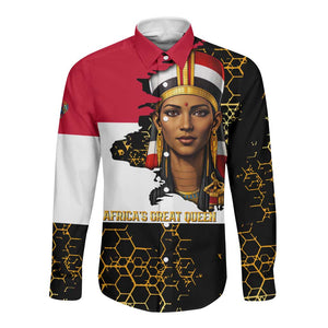 Hatshepsut Long Sleeve Button Shirt with Royal Portrait, Pre-Colonial Empires Text and Red-Black Honeycomb - African Pride
