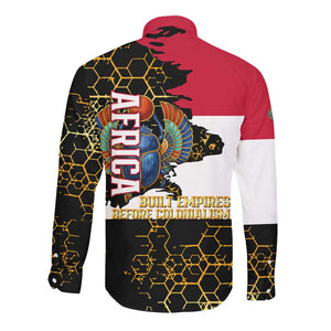 Hatshepsut Long Sleeve Button Shirt with Royal Portrait, Pre-Colonial Empires Text and Red-Black Honeycomb - African Pride