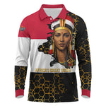 Hatshepsut Long Sleeve Polo Shirt with Royal Portrait, Pre-Colonial Empires Text and Red-Black Honeycomb - African Pride