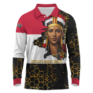 Hatshepsut Long Sleeve Polo Shirt with Royal Portrait, Pre-Colonial Empires Text and Red-Black Honeycomb - African Pride