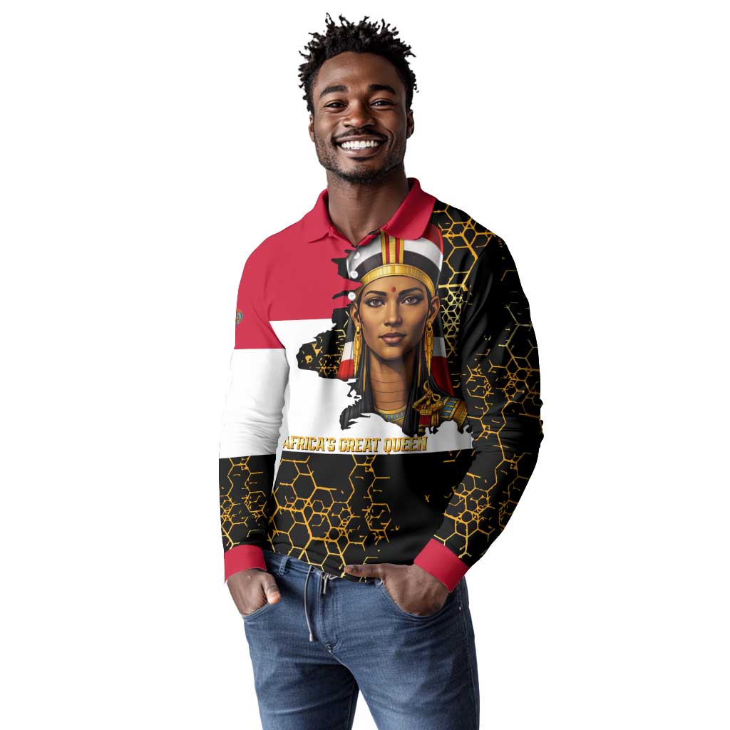 Hatshepsut Long Sleeve Polo Shirt with Royal Portrait, Pre-Colonial Empires Text and Red-Black Honeycomb - African Pride