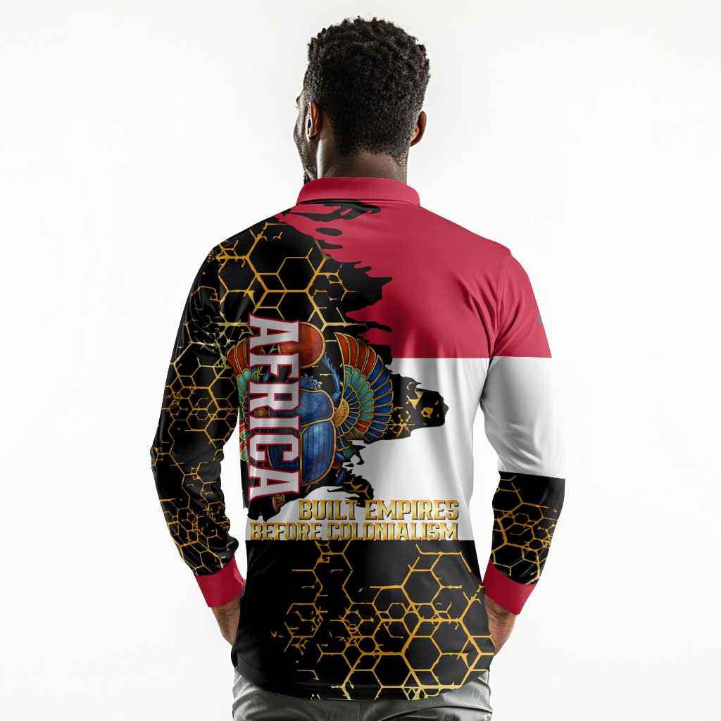 Hatshepsut Long Sleeve Polo Shirt with Royal Portrait, Pre-Colonial Empires Text and Red-Black Honeycomb - African Pride