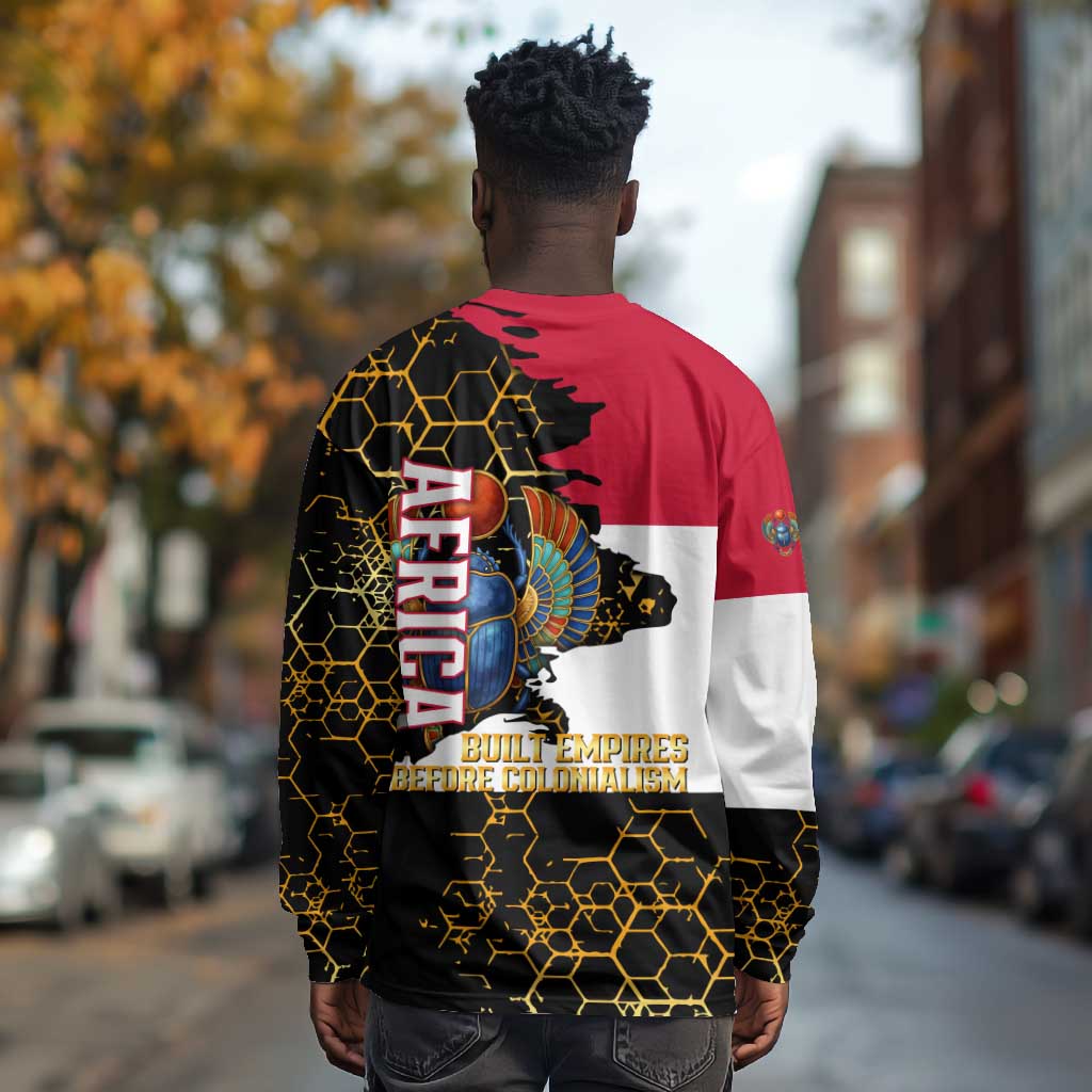 Hatshepsut Long Sleeve Shirt with Royal Portrait, Pre-Colonial Empires Text and Red-Black Honeycomb - African Pride
