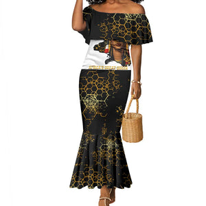 Hatshepsut Mermaid Dress with Royal Portrait, Pre-Colonial Empires Text and Red-Black Honeycomb - African Pride