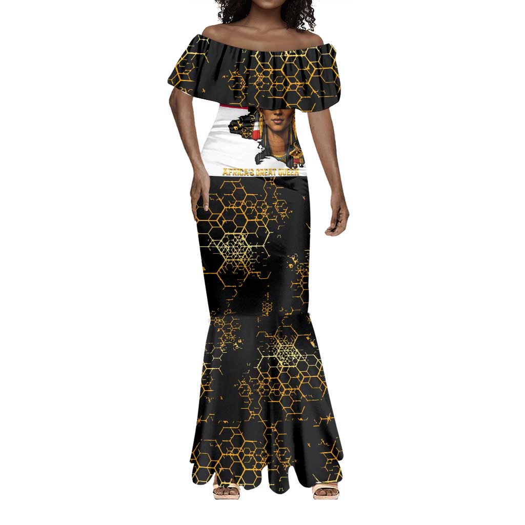 Hatshepsut Mermaid Dress with Royal Portrait, Pre-Colonial Empires Text and Red-Black Honeycomb - African Pride