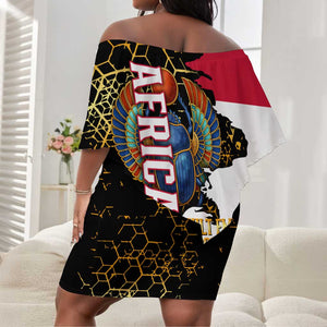 Hatshepsut Off Shoulder Short Dress with Royal Portrait, Pre-Colonial Empires Text and Red-Black Honeycomb - African Pride