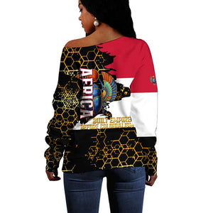 Hatshepsut Off Shoulder Sweater with Royal Portrait, Pre-Colonial Empires Text and Red-Black Honeycomb - African Pride