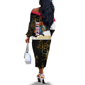 Hatshepsut Off The Shoulder Long Sleeve Dress with Royal Portrait, Pre-Colonial Empires Text and Red-Black Honeycomb - African Pride