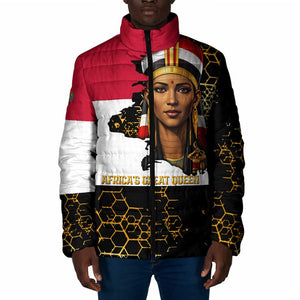 Hatshepsut Padded Jacket with Royal Portrait, Pre-Colonial Empires Text and Red-Black Honeycomb - African Pride
