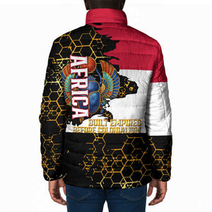 Hatshepsut Padded Jacket with Royal Portrait, Pre-Colonial Empires Text and Red-Black Honeycomb - African Pride