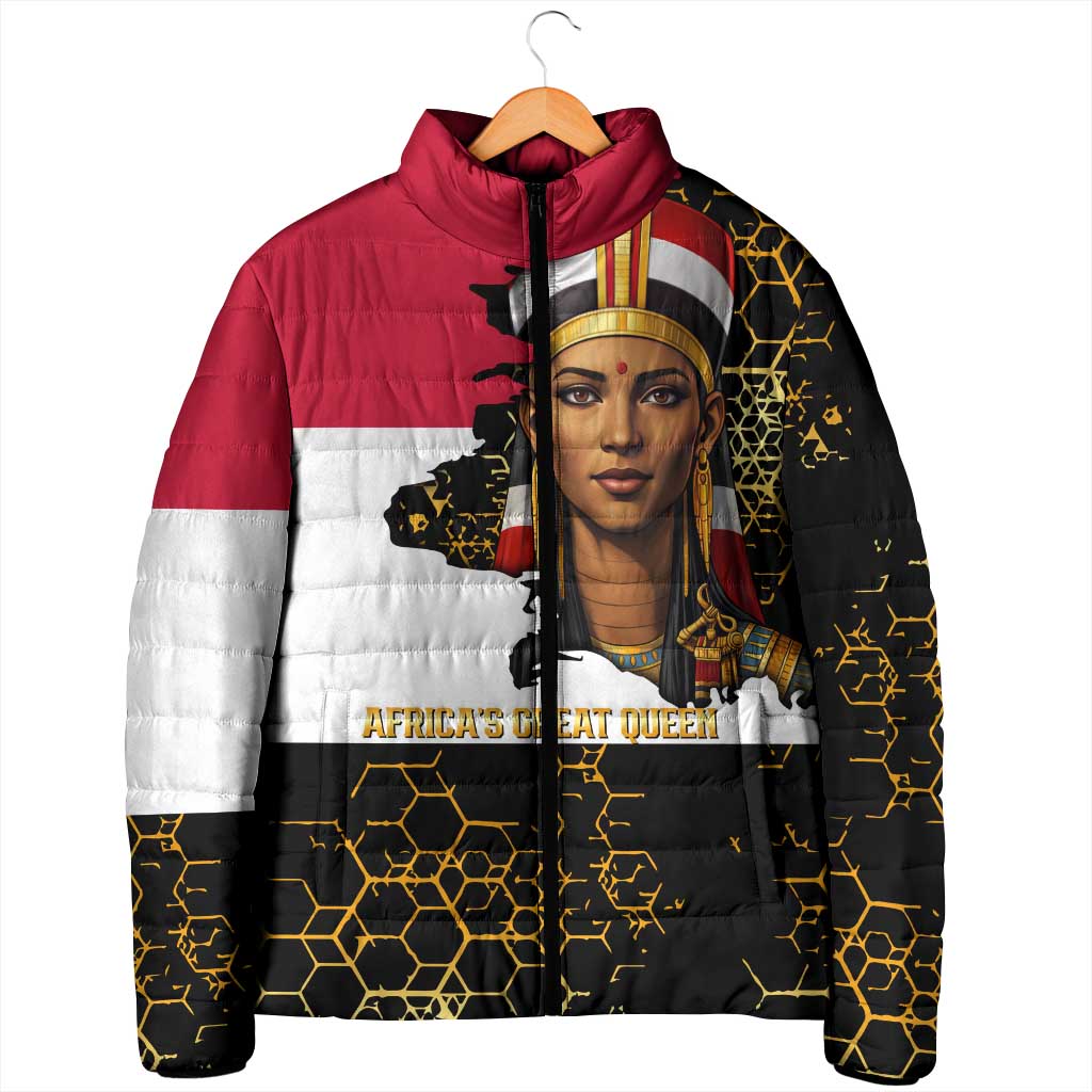 Hatshepsut Padded Jacket with Royal Portrait, Pre-Colonial Empires Text and Red-Black Honeycomb - African Pride