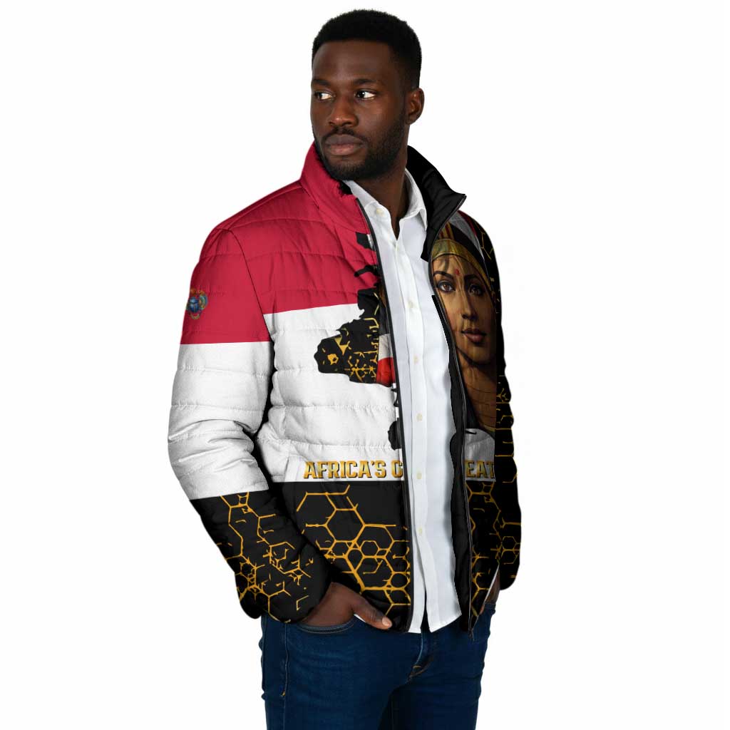 Hatshepsut Padded Jacket with Royal Portrait, Pre-Colonial Empires Text and Red-Black Honeycomb - African Pride