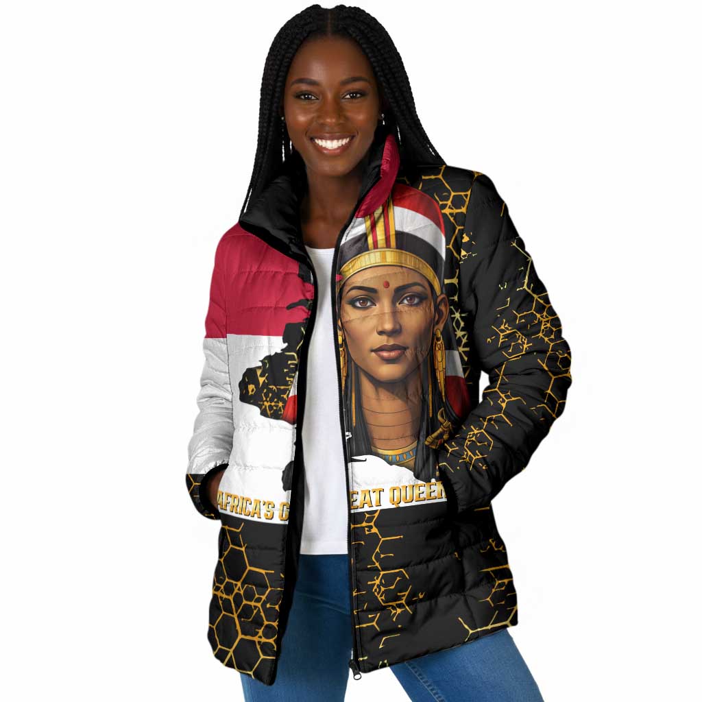 Hatshepsut Padded Jacket with Royal Portrait, Pre-Colonial Empires Text and Red-Black Honeycomb - African Pride