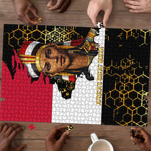 Hatshepsut Puzzle with Royal Portrait, Pre-Colonial Empires Text and Red-Black Honeycomb - African Pride