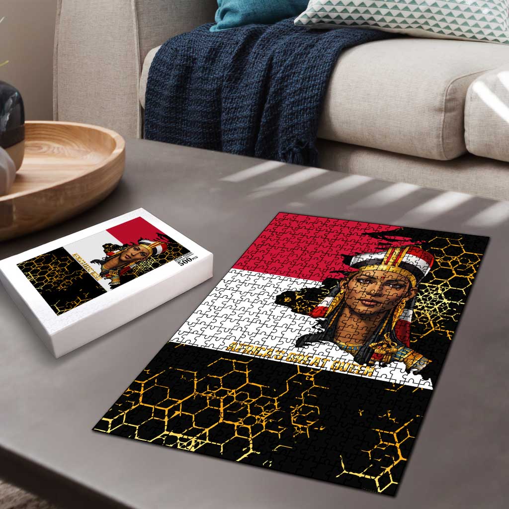 Hatshepsut Puzzle with Royal Portrait, Pre-Colonial Empires Text and Red-Black Honeycomb - African Pride