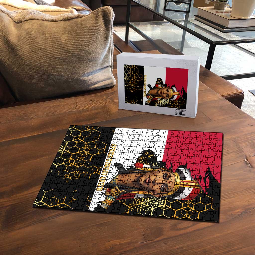 Hatshepsut Puzzle with Royal Portrait, Pre-Colonial Empires Text and Red-Black Honeycomb - African Pride