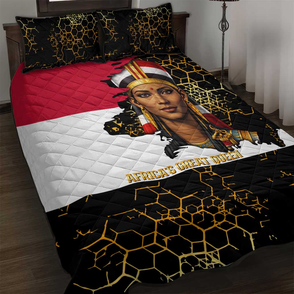 Hatshepsut Quilt Bed Set with Royal Portrait, Pre-Colonial Empires Text and Red-Black Honeycomb - African Pride