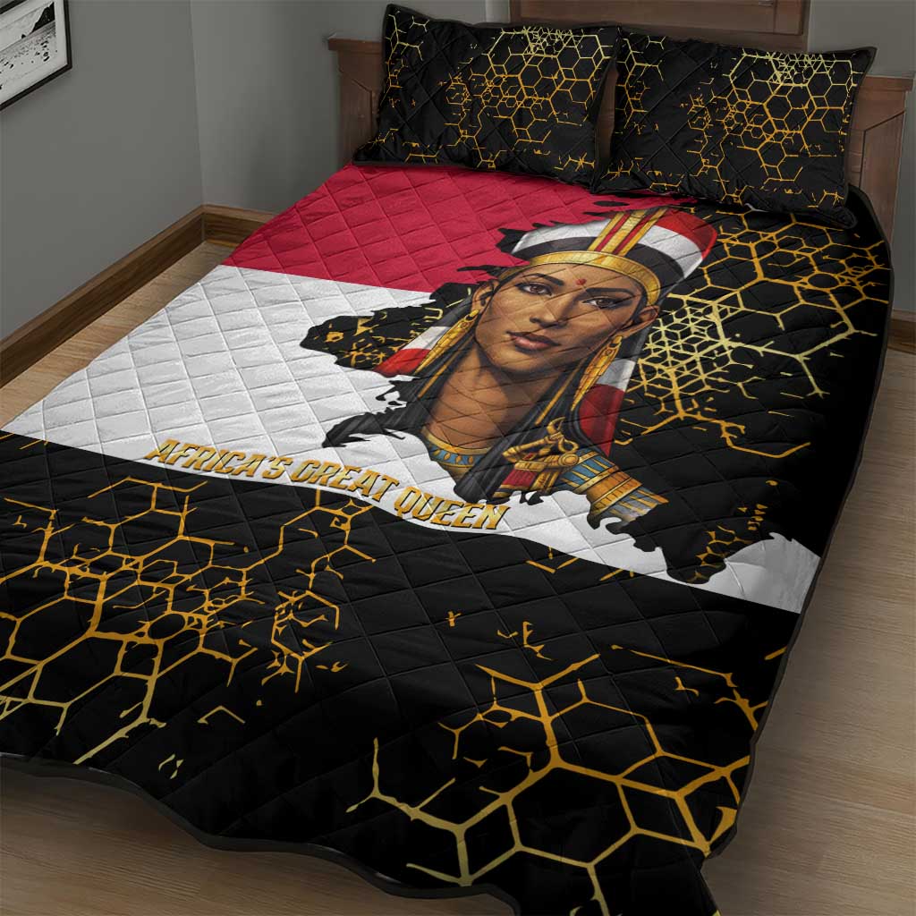 Hatshepsut Quilt Bed Set with Royal Portrait, Pre-Colonial Empires Text and Red-Black Honeycomb - African Pride