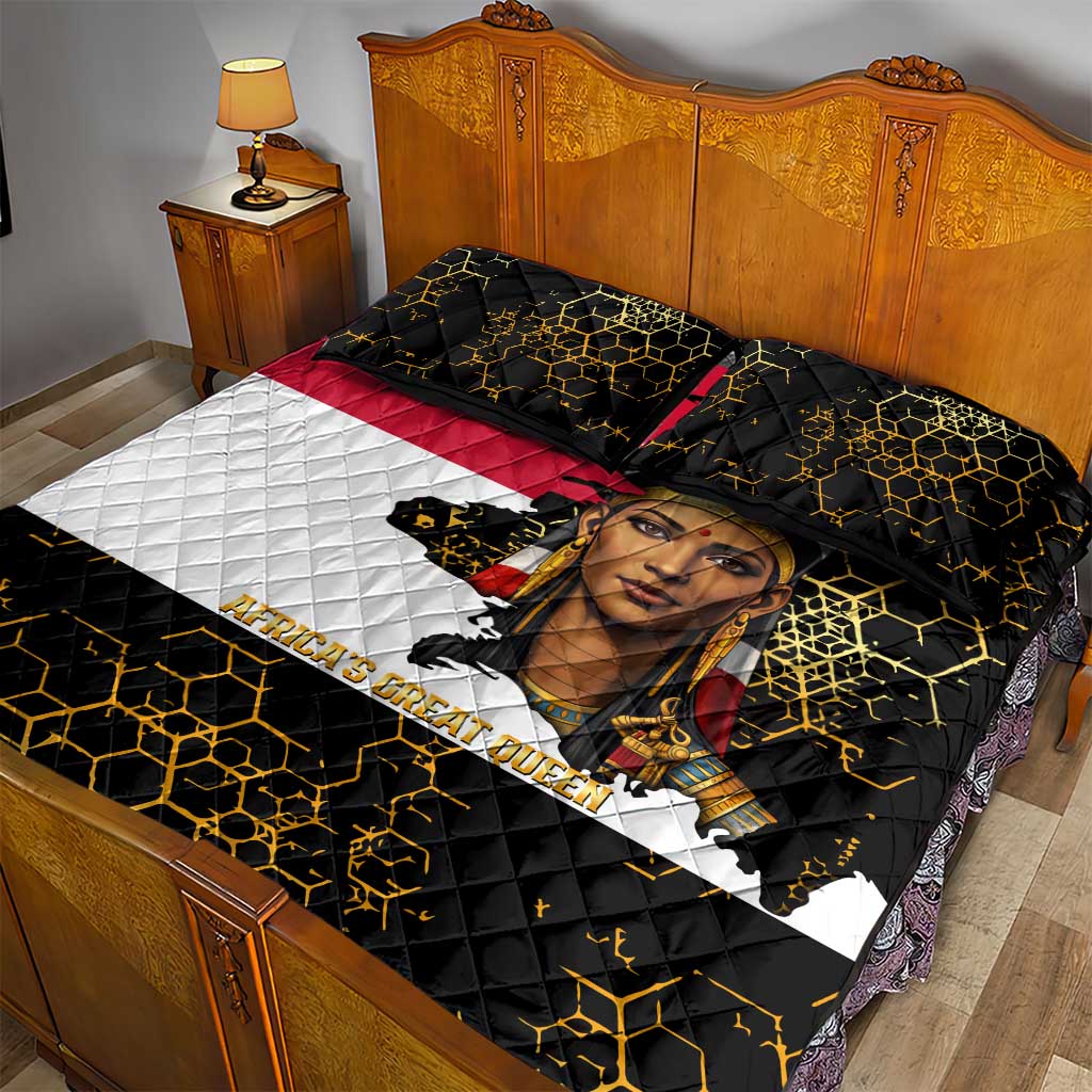 Hatshepsut Quilt Bed Set with Royal Portrait, Pre-Colonial Empires Text and Red-Black Honeycomb - African Pride