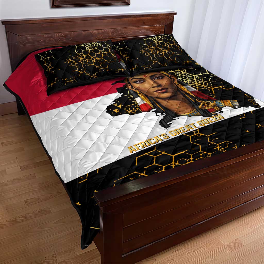 Hatshepsut Quilt Bed Set with Royal Portrait, Pre-Colonial Empires Text and Red-Black Honeycomb - African Pride