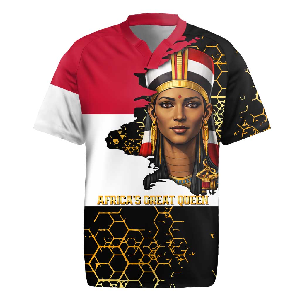 Hatshepsut Rugby Jersey with Royal Portrait, Pre-Colonial Empires Text and Red-Black Honeycomb - African Pride