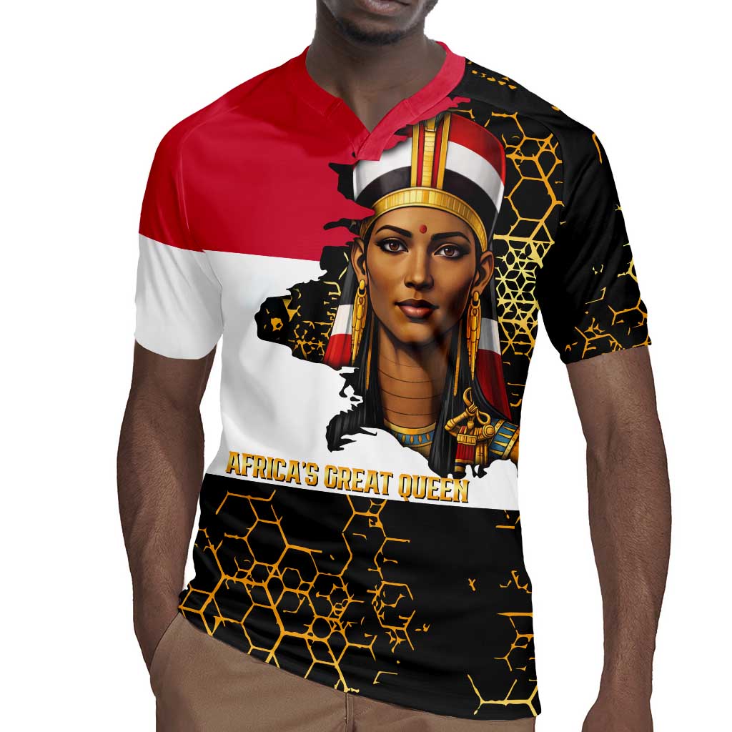Hatshepsut Rugby Jersey with Royal Portrait, Pre-Colonial Empires Text and Red-Black Honeycomb - African Pride