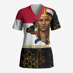 Hatshepsut Scrub Top with Royal Portrait, Pre-Colonial Empires Text and Red-Black Honeycomb - African Pride