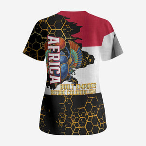 Hatshepsut Scrub Top with Royal Portrait, Pre-Colonial Empires Text and Red-Black Honeycomb - African Pride