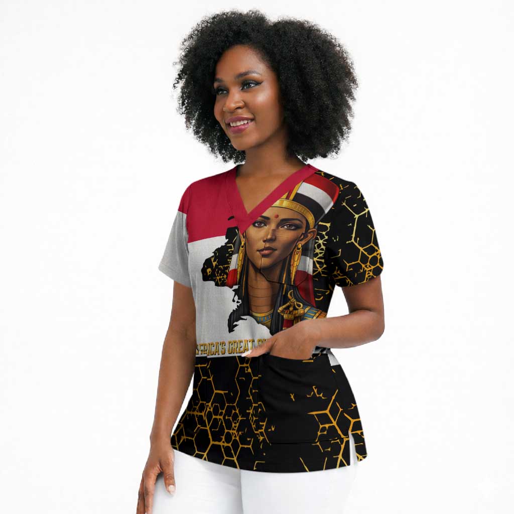 Hatshepsut Scrub Top with Royal Portrait, Pre-Colonial Empires Text and Red-Black Honeycomb - African Pride