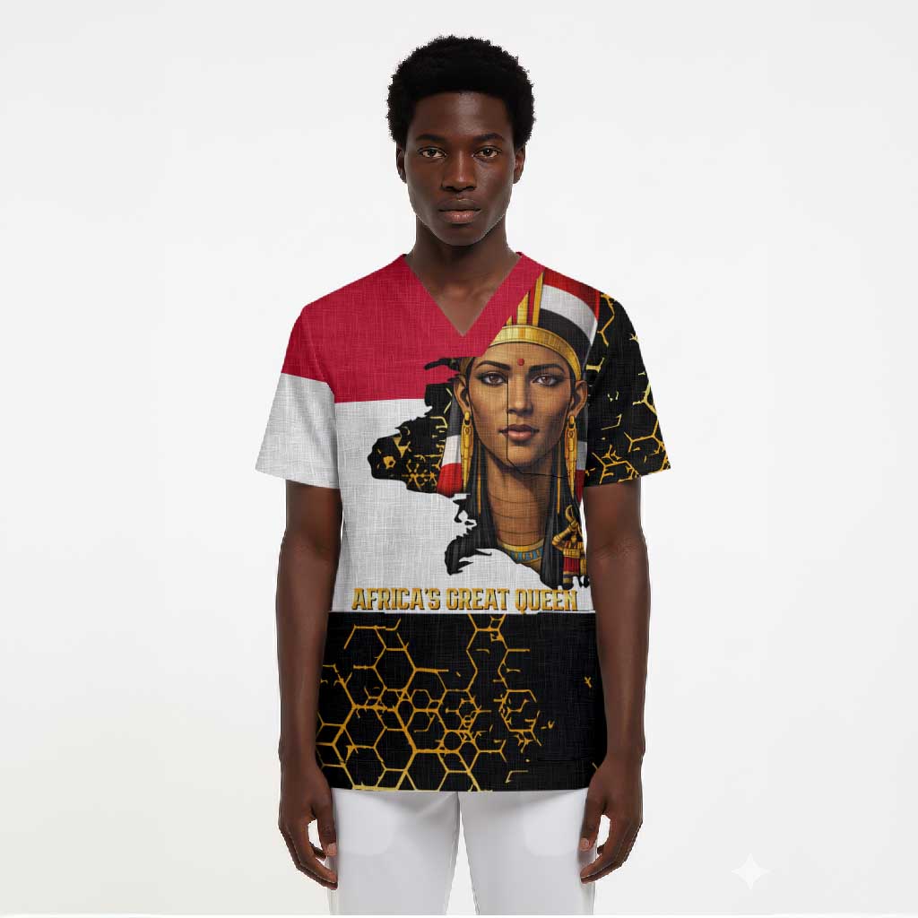 Hatshepsut Scrub Top with Royal Portrait, Pre-Colonial Empires Text and Red-Black Honeycomb - African Pride