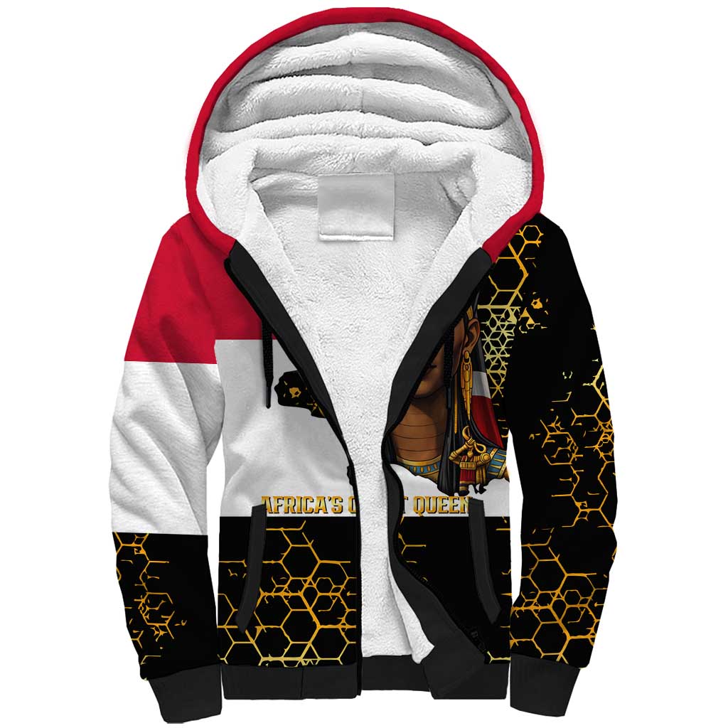 Hatshepsut Sherpa Hoodie with Royal Portrait, Pre-Colonial Empires Text and Red-Black Honeycomb - African Pride